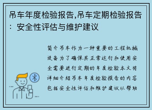 吊车年度检验报告,吊车定期检验报告：安全性评估与维护建议